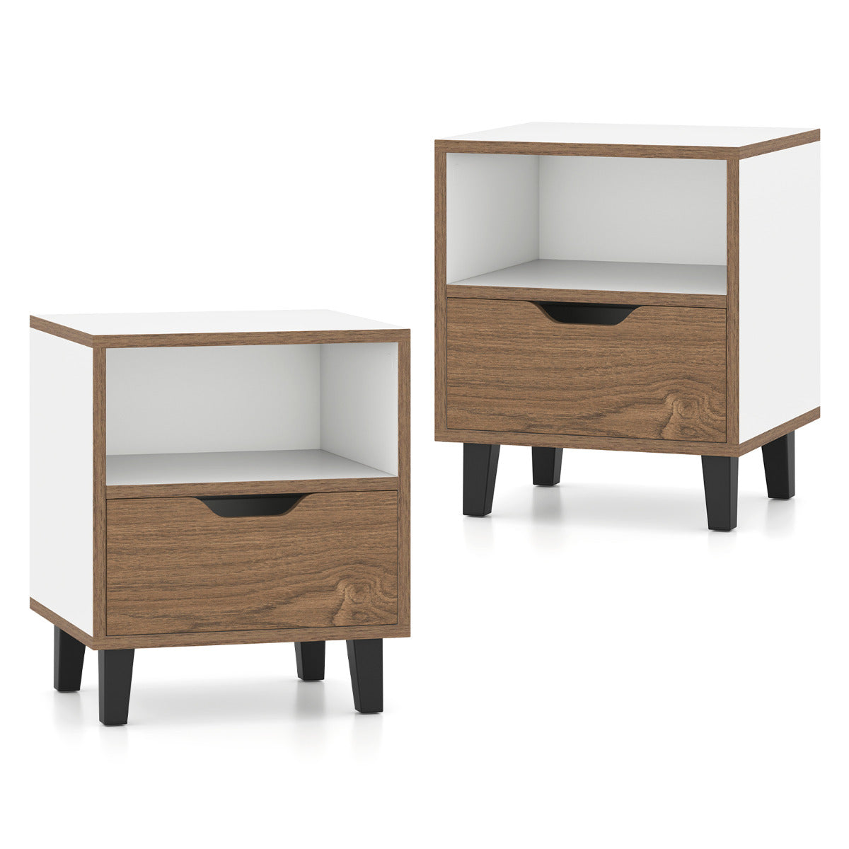 Par de Mesas de Cabeceira Modernas com Gaveta Prateleira de Arrumação Aberta Pernas de Metal Mesa para Quarto Sala de Estar Branco