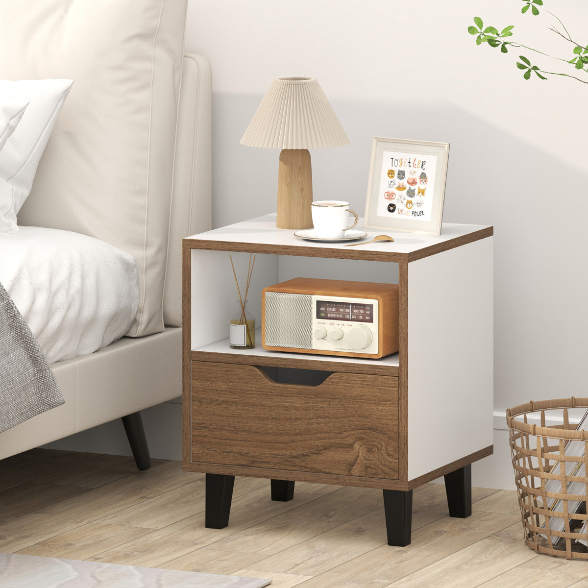 Par de Mesas de Cabeceira Modernas com Gaveta Prateleira de Arrumação Aberta Pernas de Metal Mesa para Quarto Sala de Estar Branco