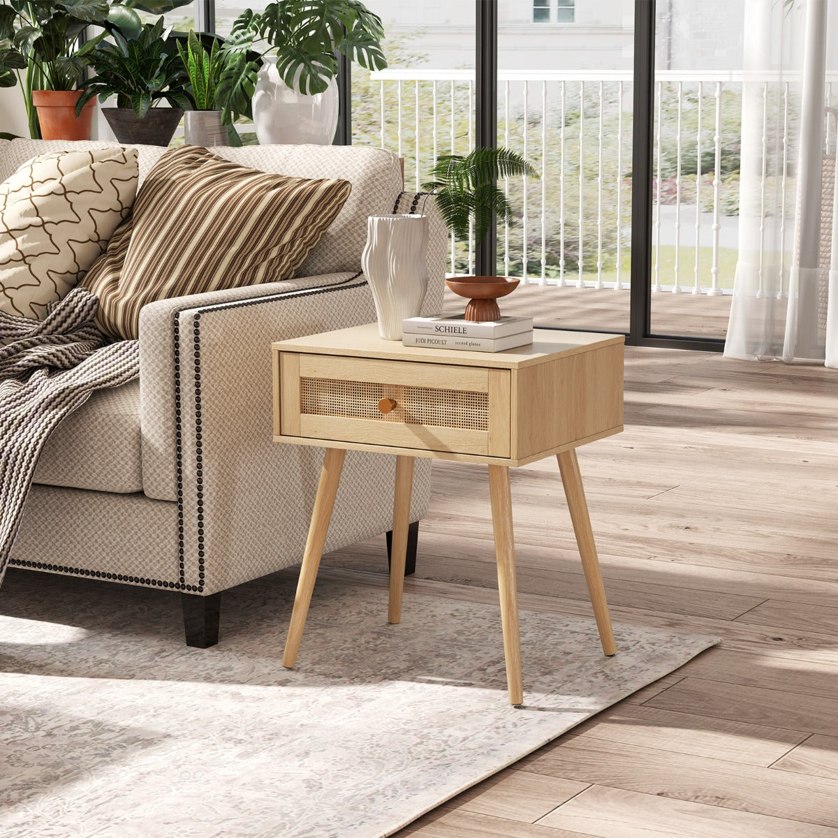 Mesinha de Cabeceira em Rattan com Armazenamento Mesa Lateral Boho com Gaveta e Pernas em Madeira Maciça Mesa Auxiliar para Quarto - Natural