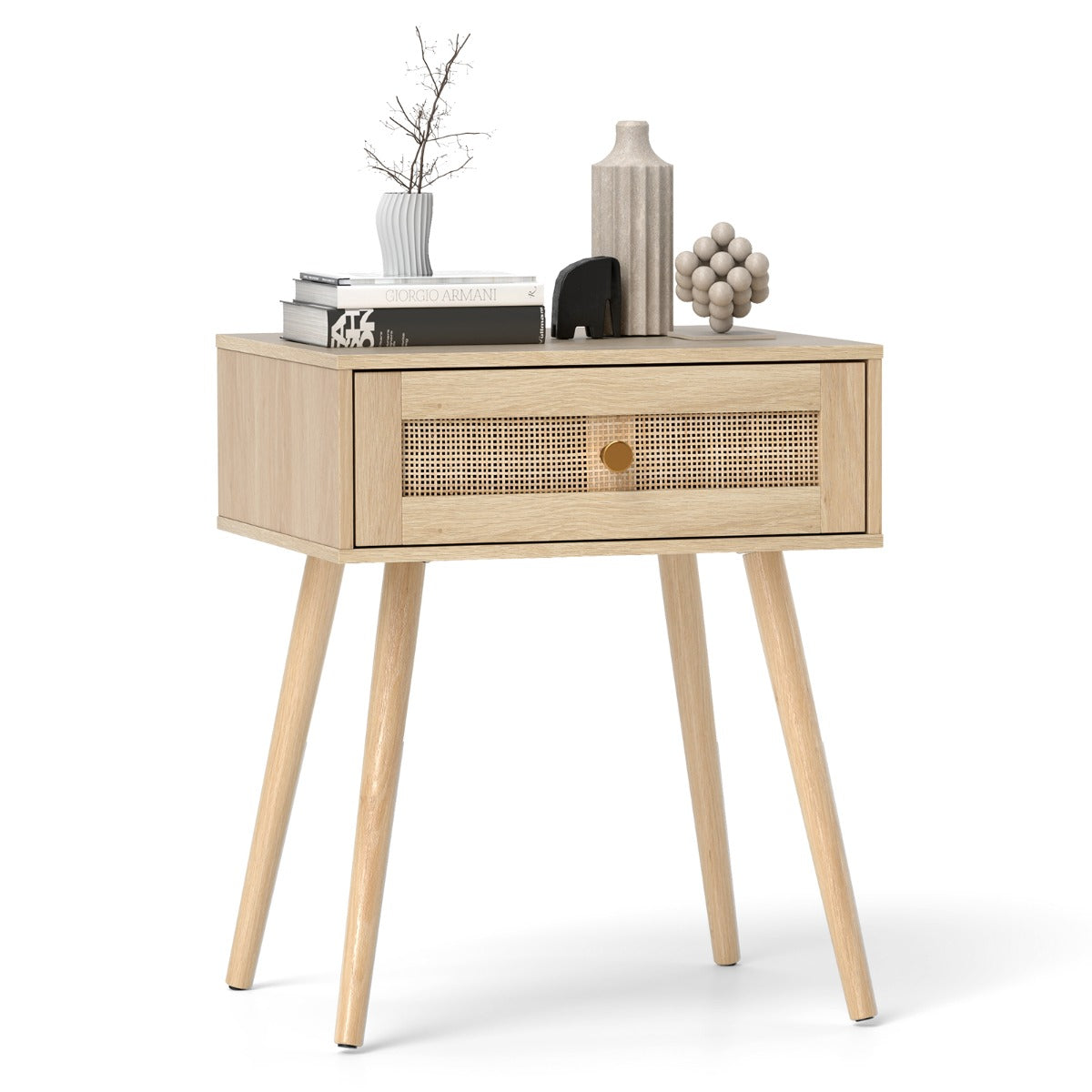 Mesinha de Cabeceira em Rattan com Armazenamento Mesa Lateral Boho com Gaveta e Pernas em Madeira Maciça Mesa Auxiliar para Quarto - Natural
