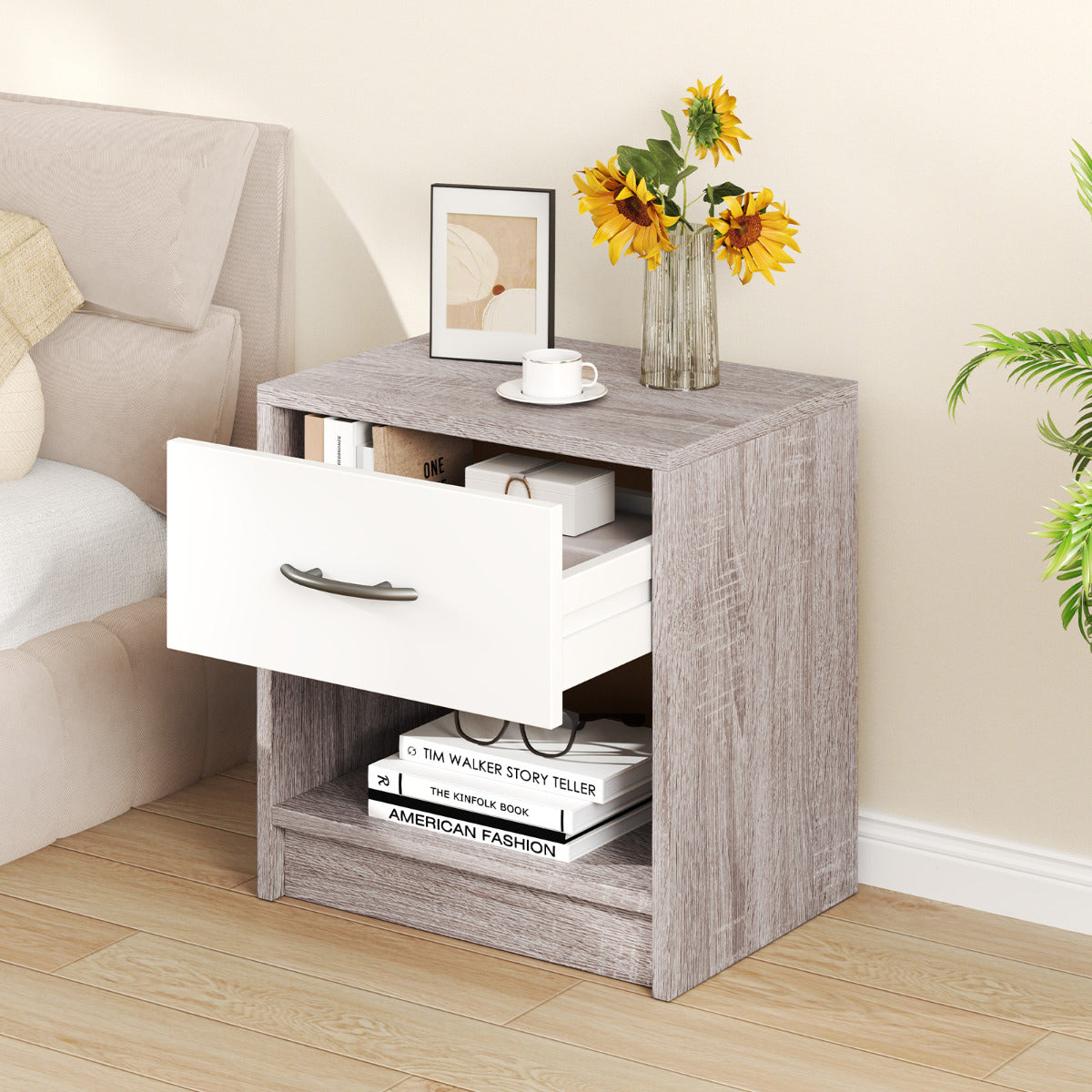 Mesinha de Cabeceira com 1 Gaveta Mesa Auxiliar com Prateleira de Armazenamento Aberta Compacta para Espaços Pequenos Quarto-Cinza+Branco