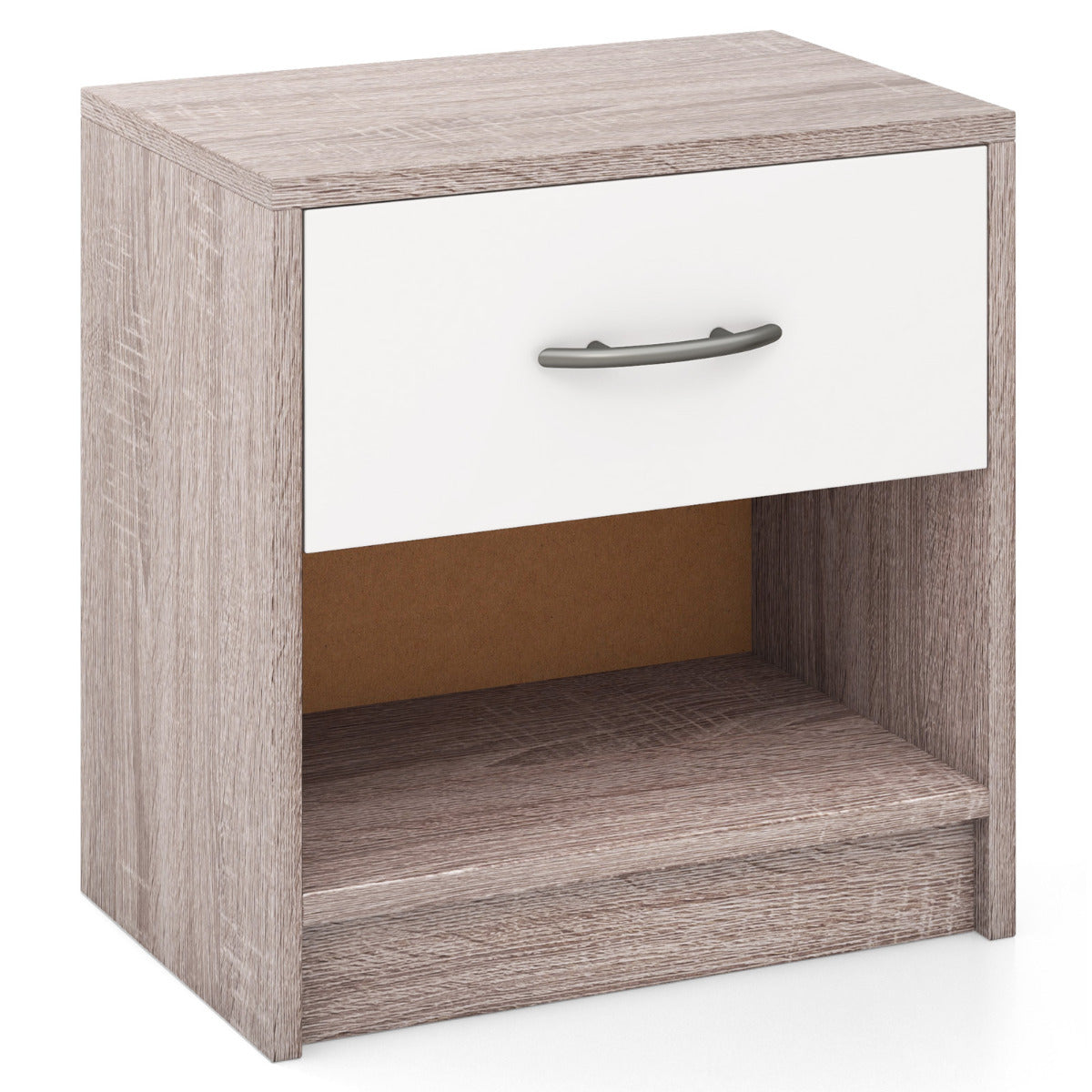 Mesinha de Cabeceira com 1 Gaveta Mesa Auxiliar com Prateleira de Armazenamento Aberta Compacta para Espaços Pequenos Quarto-Cinza+Branco