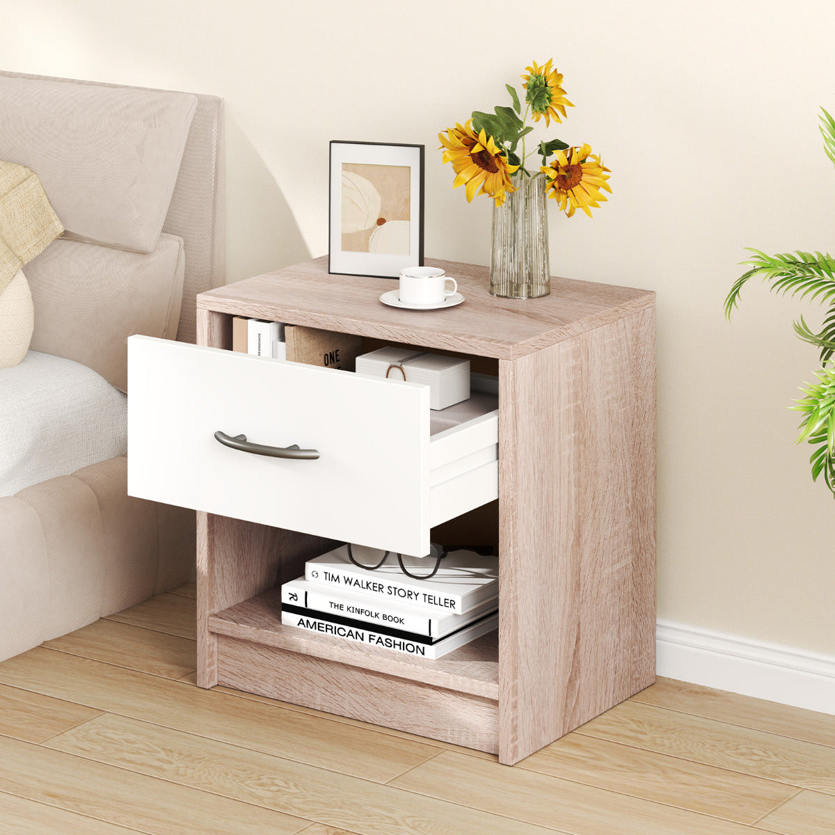 Mesinha de Cabeceira com 1 Gaveta Mesa Auxiliar com Prateleira de Arrumação Aberta Compacta para Espaços Pequenos Quarto-Natural+Branco