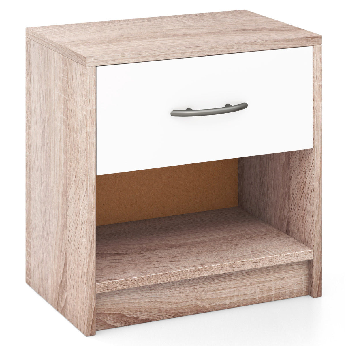 Mesinha de Cabeceira com 1 Gaveta Mesa Auxiliar com Prateleira de Arrumação Aberta Compacta para Espaços Pequenos Quarto-Natural+Branco