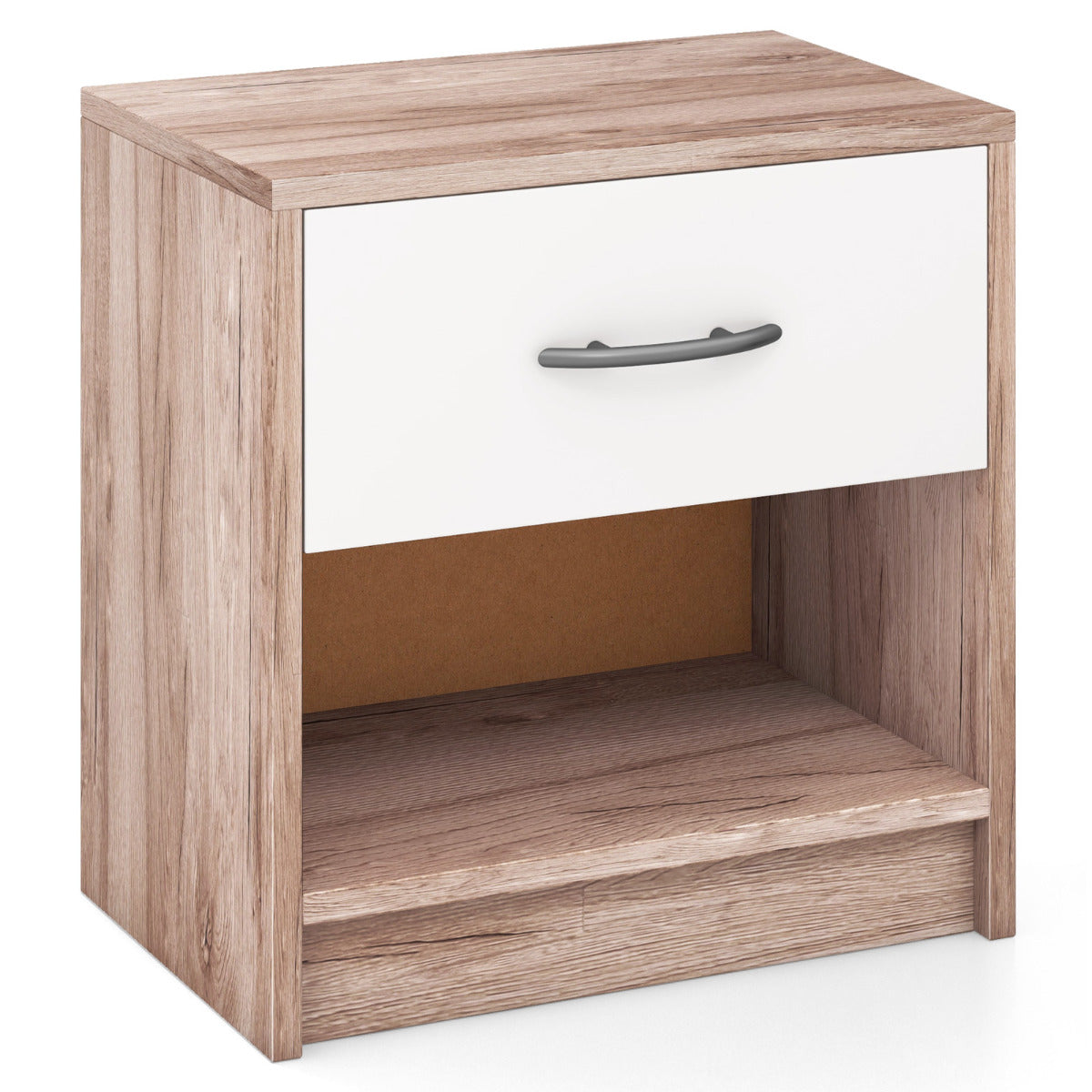 Mesinha de Cabeceira com 1 Gaveta Mesa Auxiliar com Prateleira de Arrumação Aberta Compacta para Espaços Pequenos Quarto-Carvalho+Branco