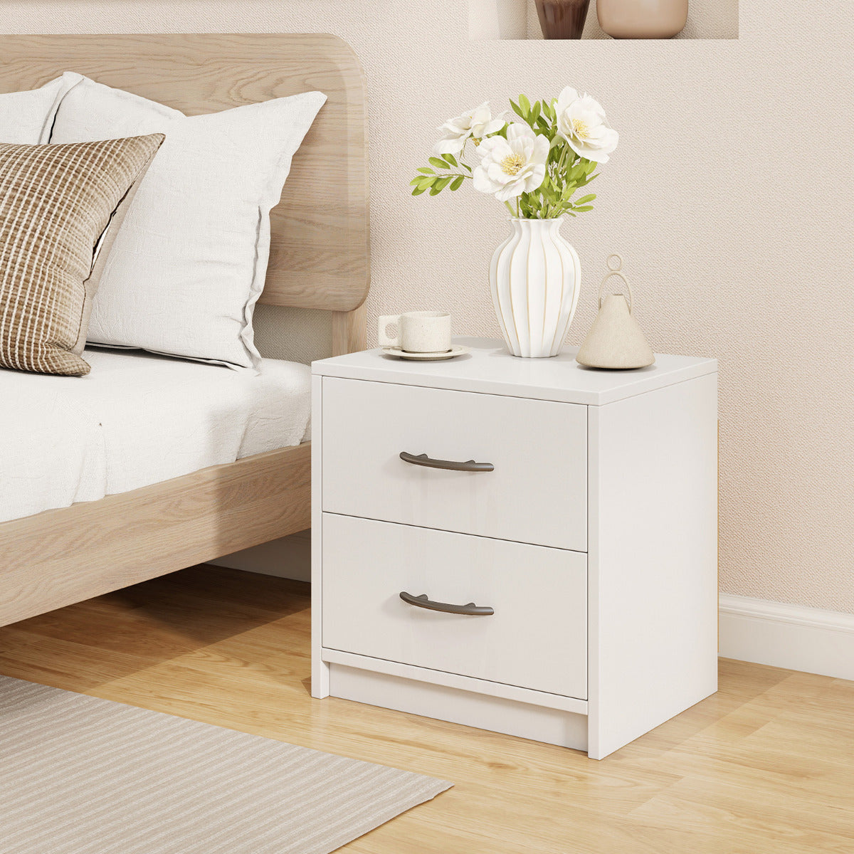 Mesinha de Cabeceira com 2 Gavetas Mesa de Cabeceira Moderna com Arrumação Mesa Compacta de Chão Mesa Auxiliar de Madeira para Sofá Branco