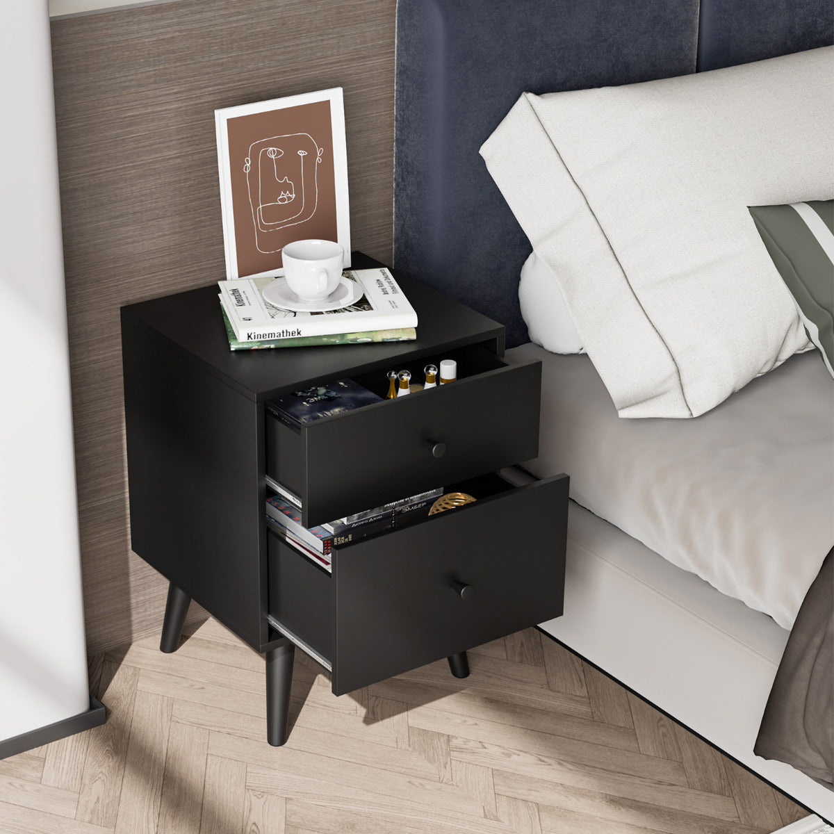 Mesinha de Cabeceira com 2 Gavetas Mesa Auxiliar de Sofá com Pernas de Madeira de Borracha Organizador Armário 45 x 40 x 62 cm Preto