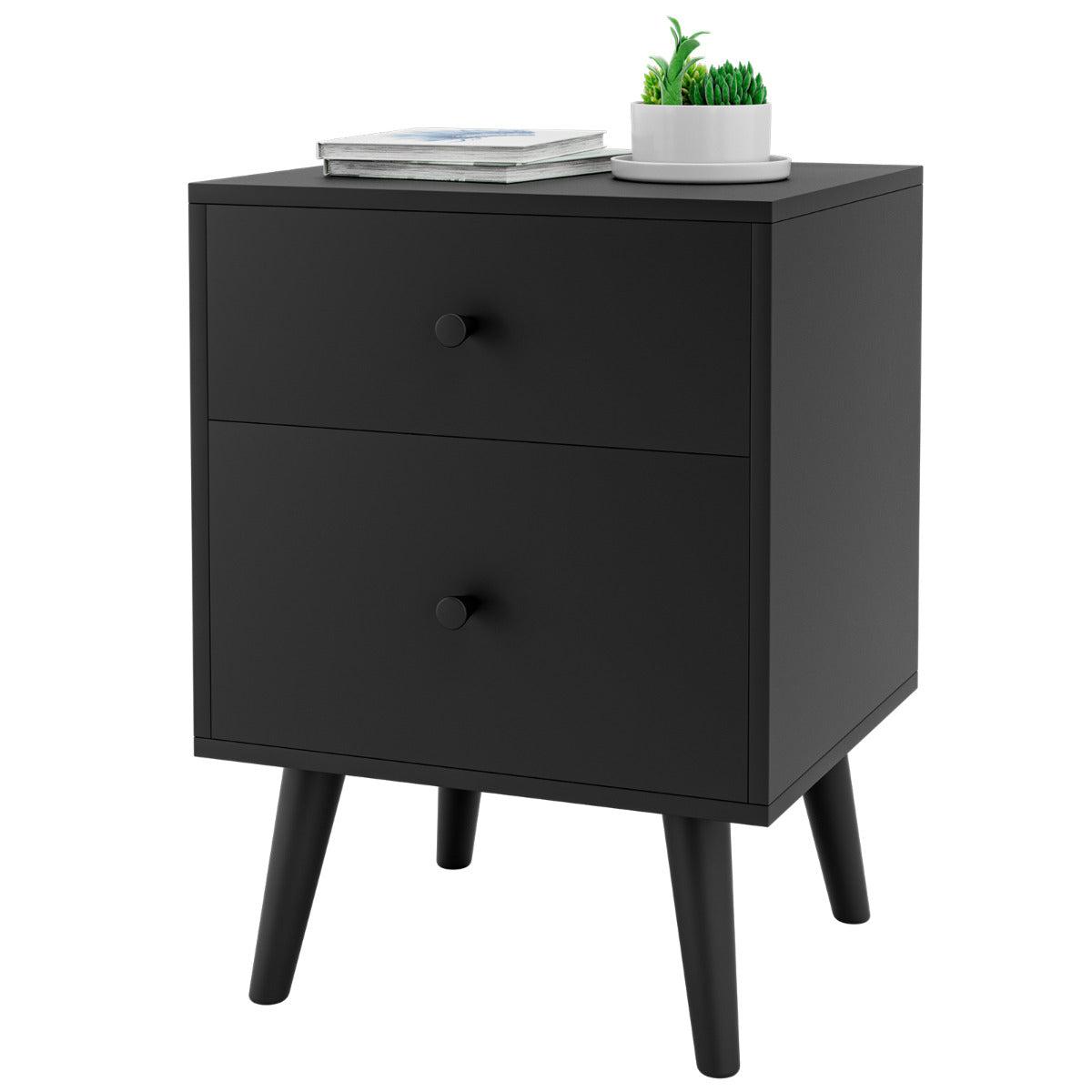 Mesinha de Cabeceira com 2 Gavetas Mesa Auxiliar de Sofá com Pernas de Madeira de Borracha Organizador Armário 45 x 40 x 62 cm Preto