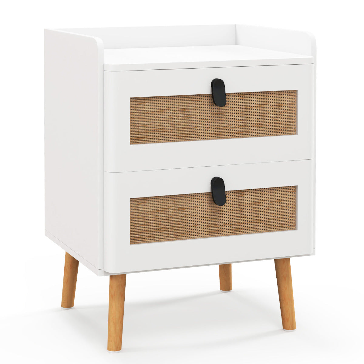 Mesinha de Cabeceira com 2 Gavetas Decoradas em Rattan Pernas de Madeira Mesa Auxiliar Moderna Boho para Sala Quarto 45 x 40 x 57 cm Branca