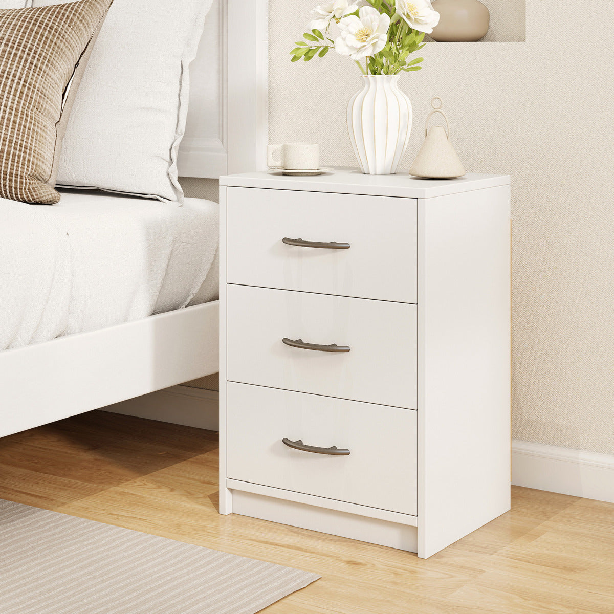 Mesinha de Cabeceira com 3 Gavetas Mesa de Cabeceira Moderna com Arrumação Compacta e Kit Antivuelco Mesa Auxiliar para Sala Quarto Branco
