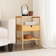 Mesinha de Cabeceira de Bambu Multiusos com Gaveta e Prateleira Ranhurada Mesa Auxiliar 3 Níveis para Quarto Sala 40 x 40 x 68 cm Natural
