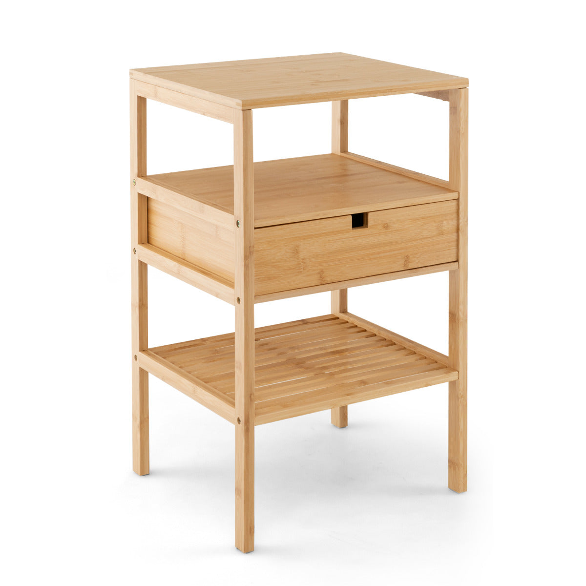 Mesinha de Cabeceira de Bambu Multiusos com Gaveta e Prateleira Ranhurada Mesa Auxiliar 3 Níveis para Quarto Sala 40 x 40 x 68 cm Natural