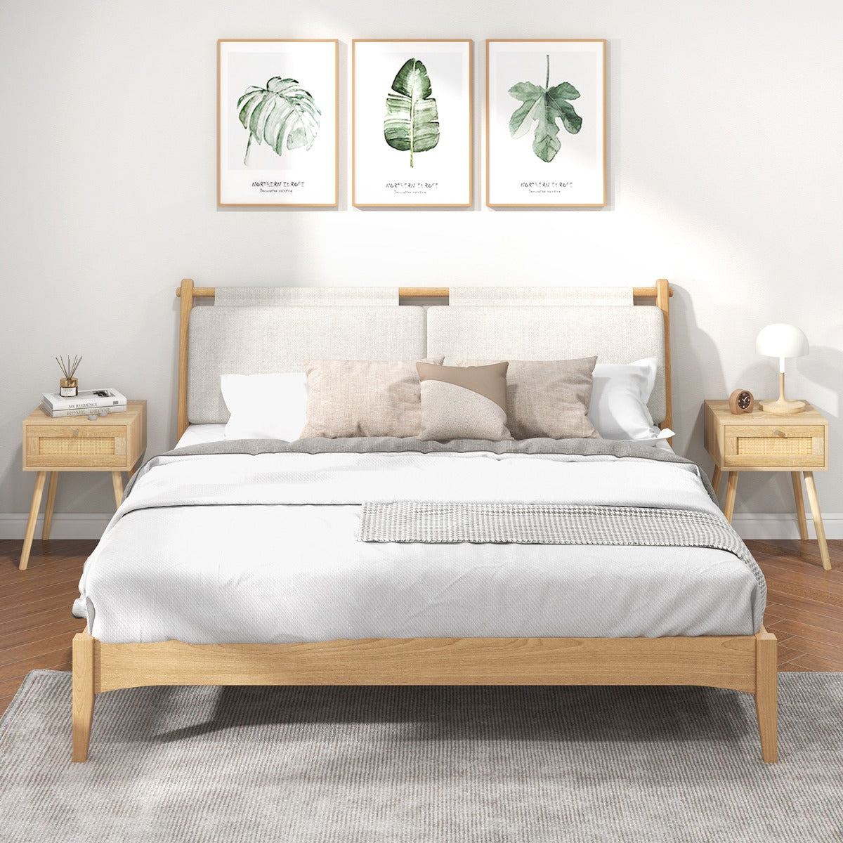 Conjunto de 2 Mesas de Cabeceira Boho com Decoração em Vime Tecido à Mão para Quarto e Sala de Estar 40 x 40 x 55 cm Natural