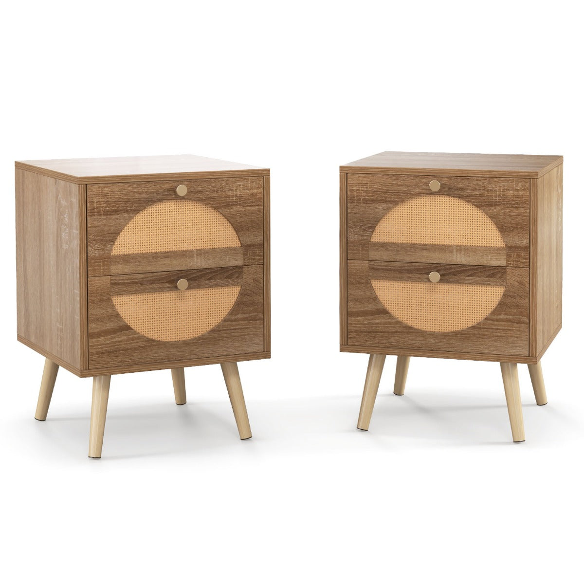 Conjunto de 2 Mesinhas de Cabeceira em Rattan com 2 Gavetas Mesa Lateral Estilo Bohemio Pernas em Madeira Maciça para Sala de Estar Quarto Natural