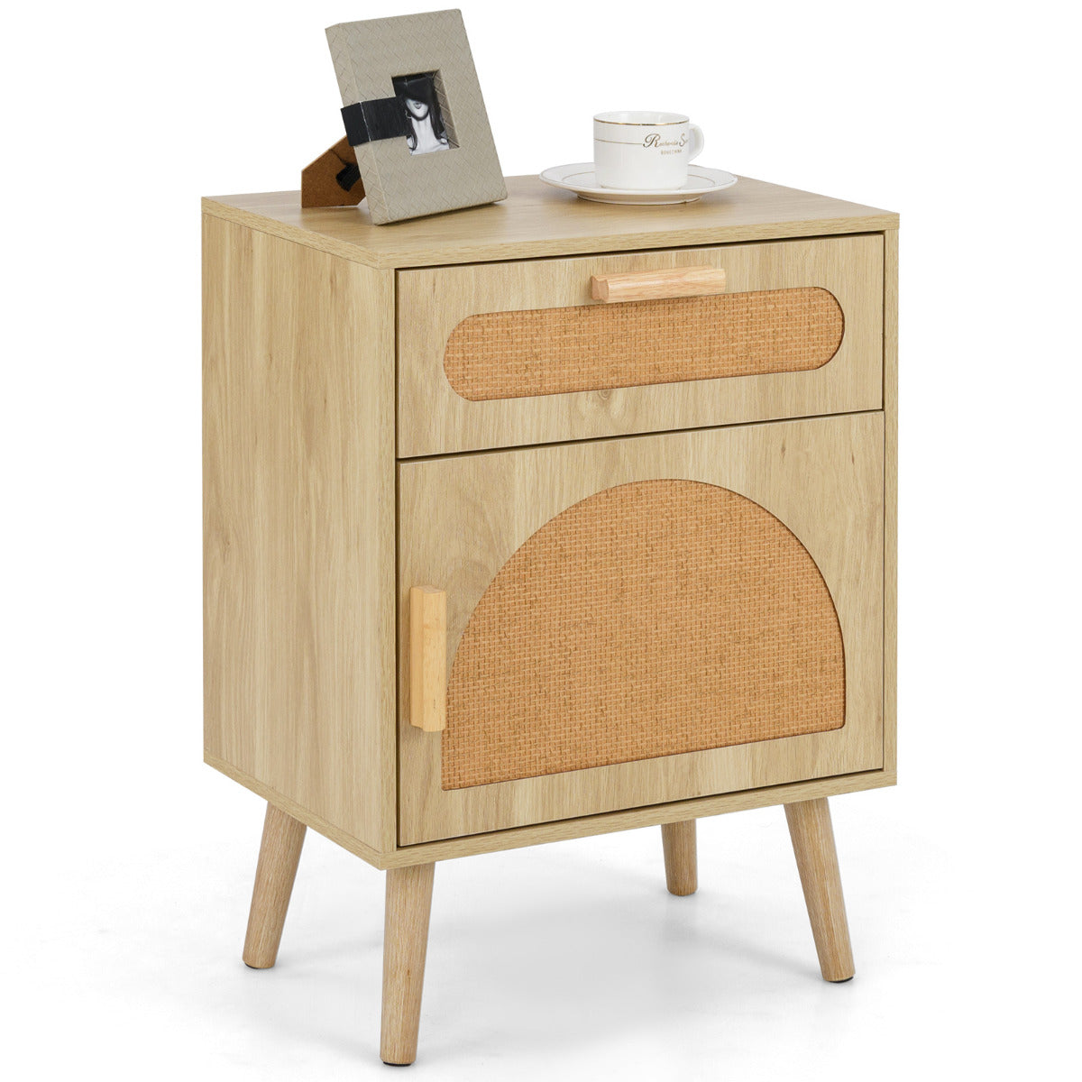 Mesinha de Cabeceira em Rattan com Gaveta e Porta Decoradas em Rattan Mesa Lateral com Pernas de Madeira Maciça para Sala Quarto Natural