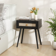 Mesinha de Cabeceira em Ratan com Arrumação Mesa Lateral Boho com Gaveta e Pernas em Madeira Maciça Mesa Auxiliar para Quarto Sala Preta