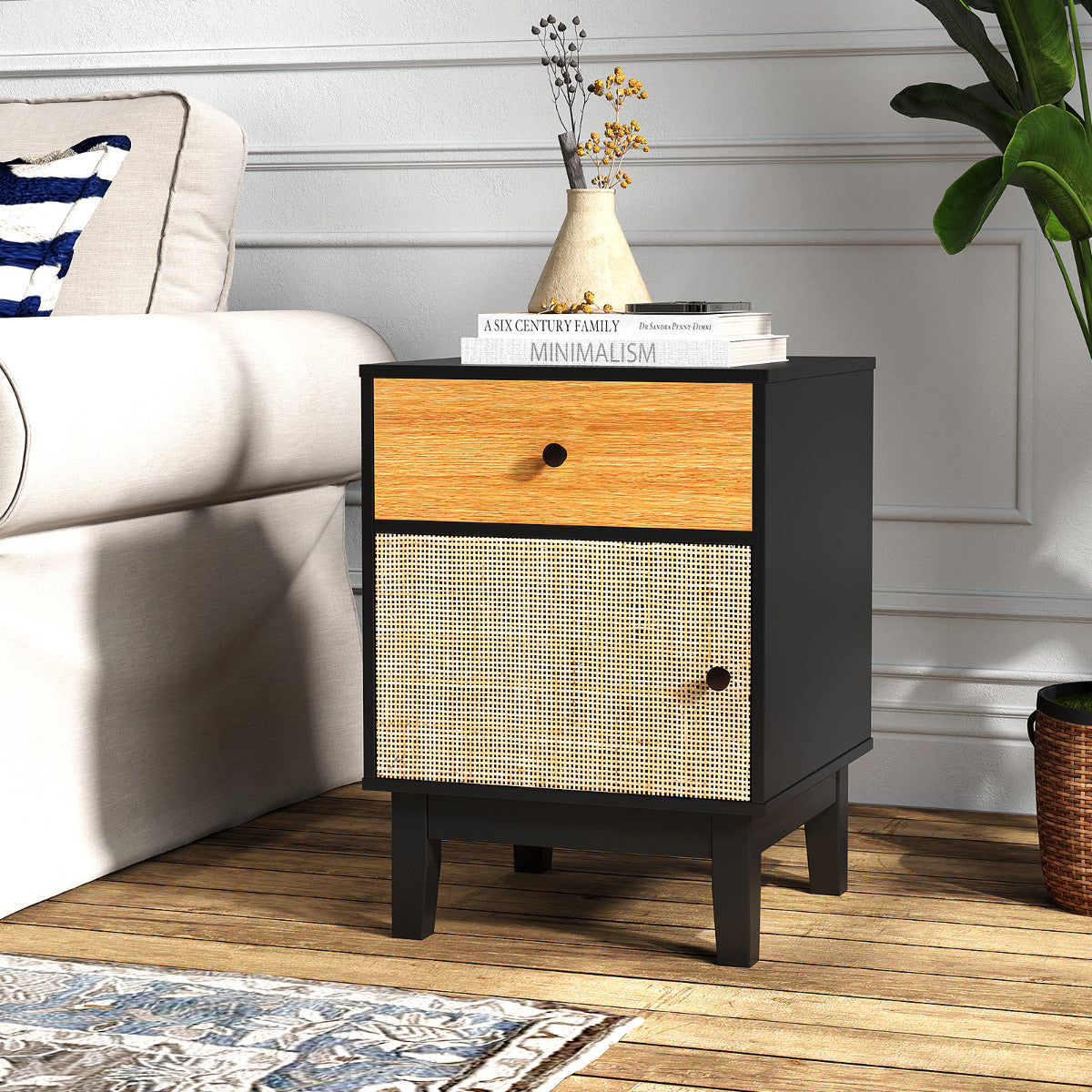 Mesinha de Cabeceira em Ratan Mesa Lateral Moderna com Gaveta e Armário Mesa Boho com Pernas em Madeira Maciça para Sala de Estar Quarto Preto