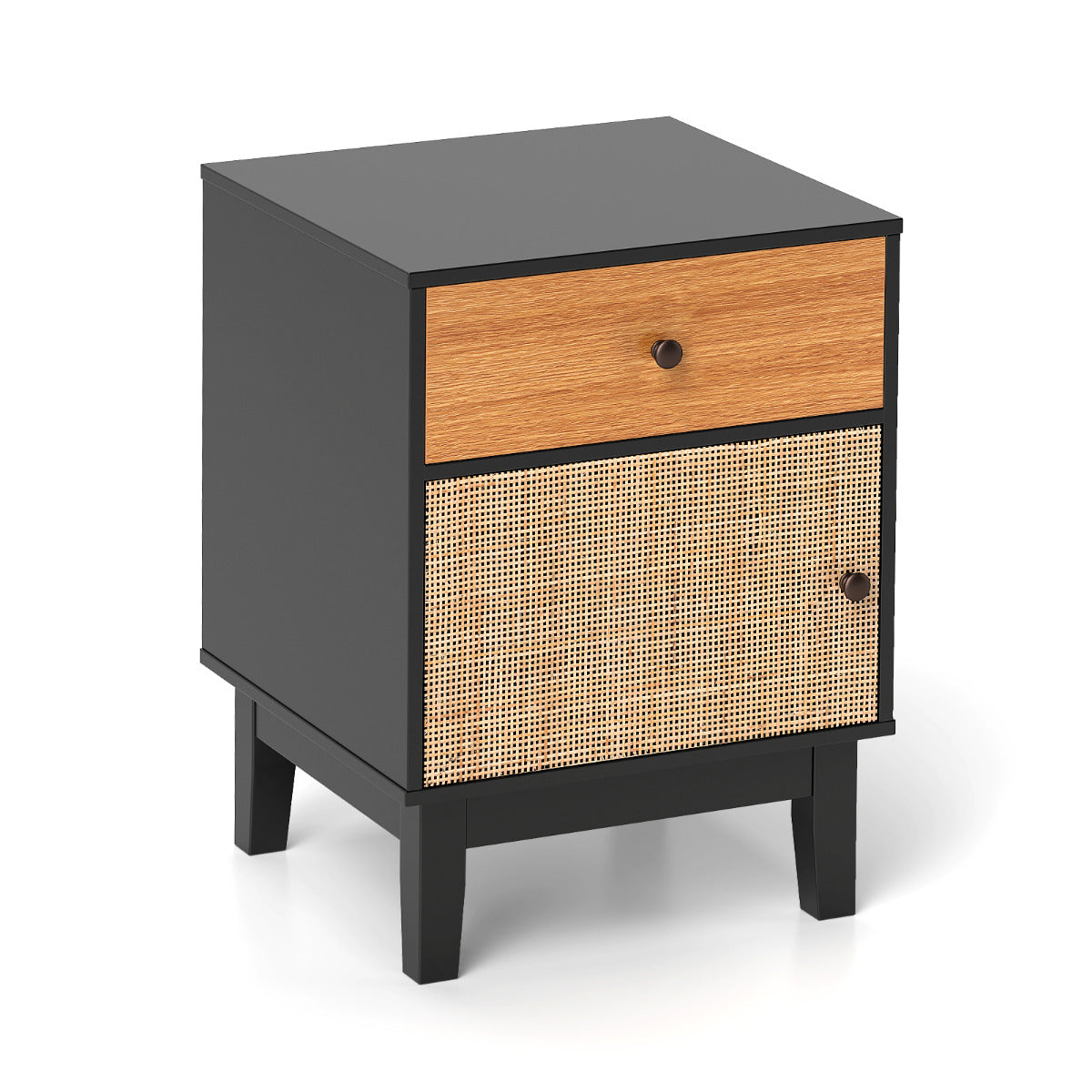 Mesinha de Cabeceira em Ratan Mesa Lateral Moderna com Gaveta e Armário Mesa Boho com Pernas em Madeira Maciça para Sala de Estar Quarto Preto
