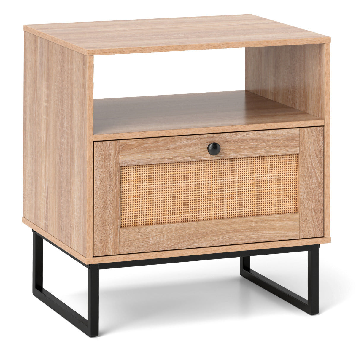 Mesinha de Cabeceira em Vime Mesa Lateral Moderna com Gaveta e Compartimento Aberto Mesa Boho com Pés Metálicos para Sala Quarto Natural