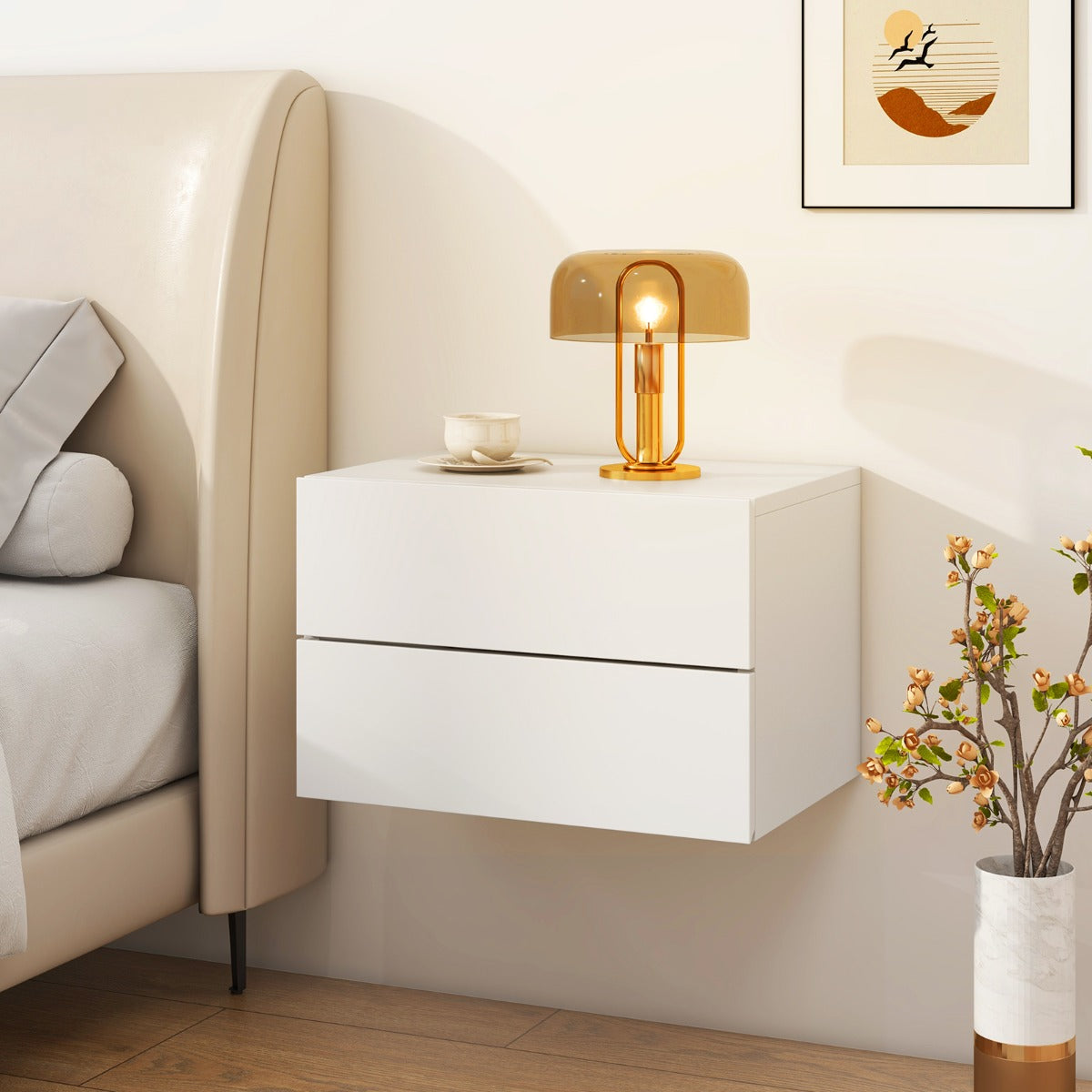 Mesinha de Cabeceira Flutuante com 2 Gavetas Mesa de Cabeceira de Parede com Arrumação Prateleira Flutuante para Quarto Sala de Estar Mesa Pendurada Branca