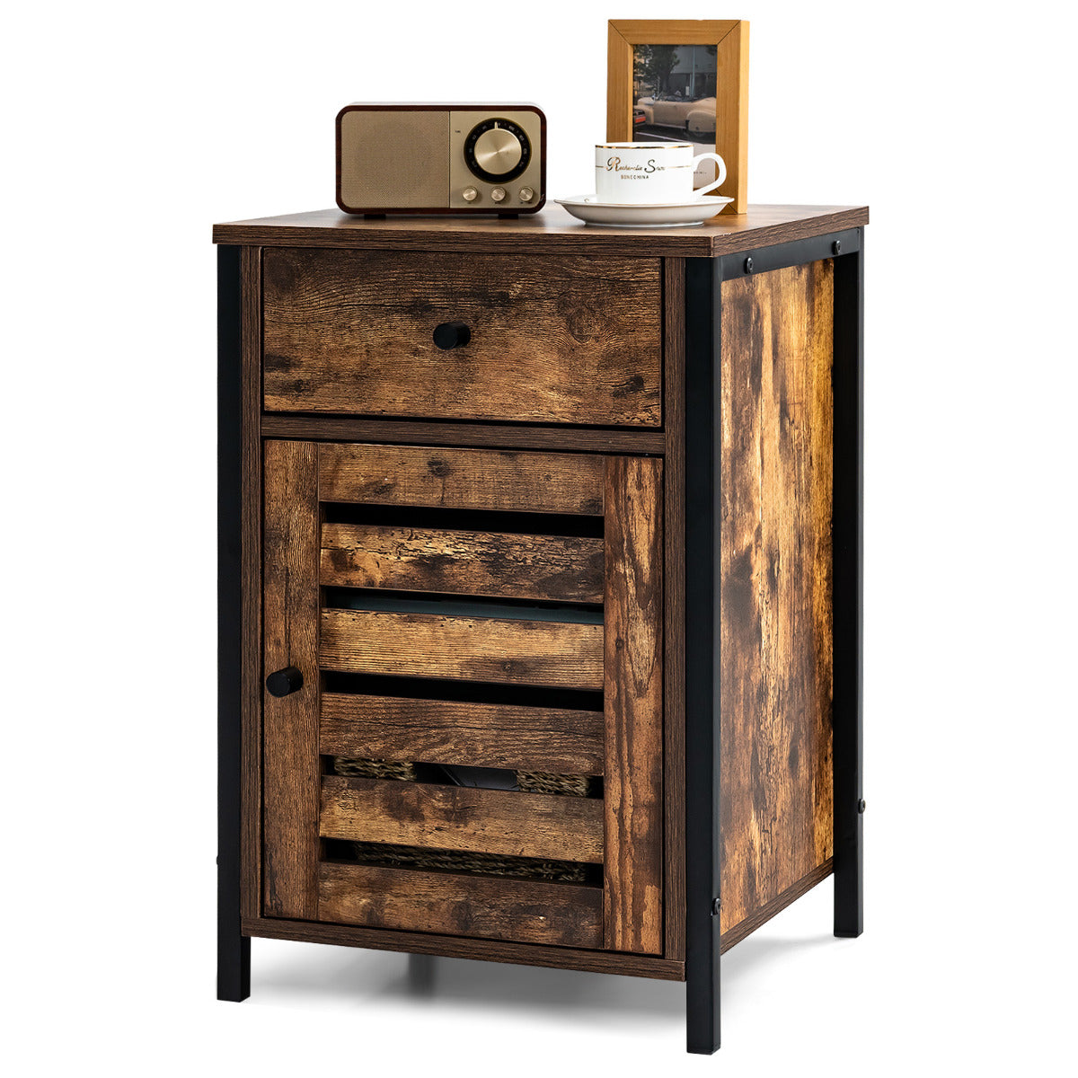 Mesinha de Cabeceira Industrial Mesinha Auxiliar de Sofá com Gaveta Porta de Persiana Armário com Prateleira Regulável para Sala 40 x 40 x 60 cm Castanho