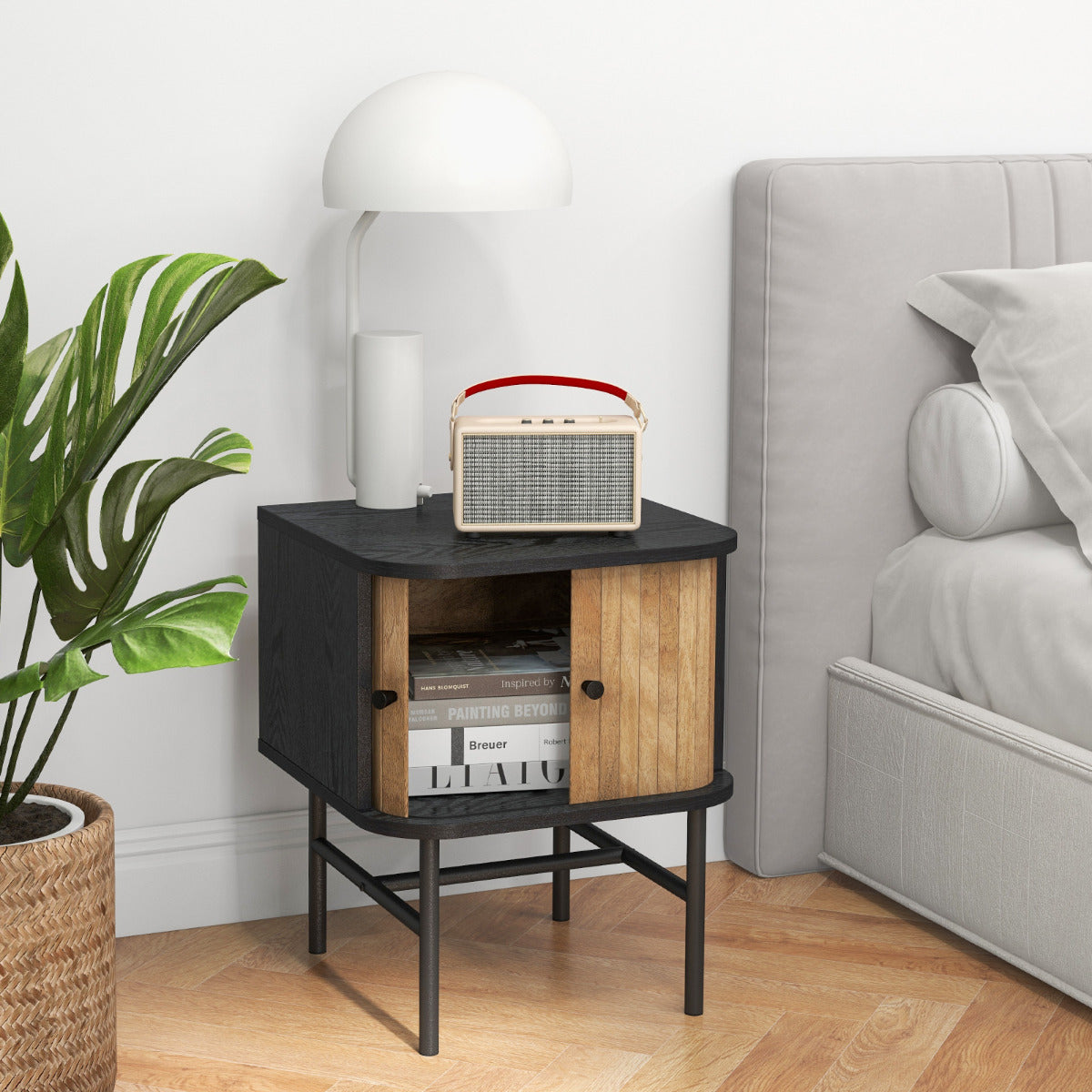 Mesinha de Cabeceira com Portas de Correr Mesa Auxiliar para Quarto com Armário de Arrumação Pernas de Metal 40 x 39 x 49 cm Preto