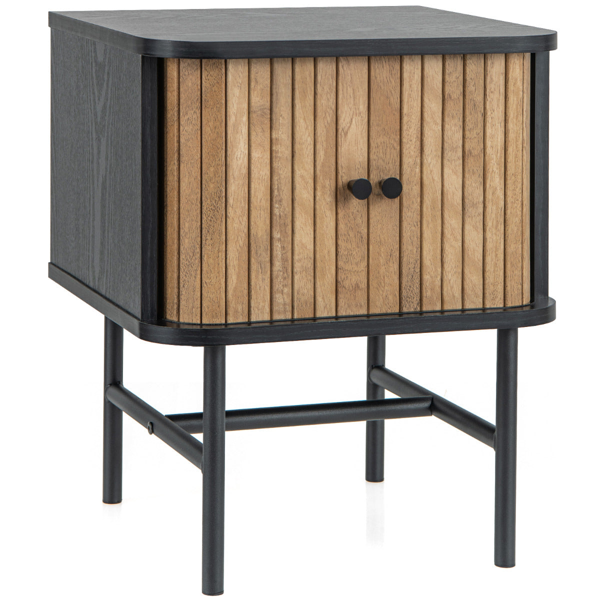 Mesinha de Cabeceira com Portas de Correr Mesa Auxiliar para Quarto com Armário de Arrumação Pernas de Metal 40 x 39 x 49 cm Preto