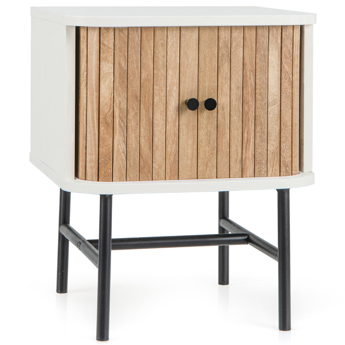Mesinha de Cabeceira com Portas Deslizantes Mesa Auxiliar para Quarto com Armário de Arrumação Pernas de Metal 40 x 39 x 49 cm Branco