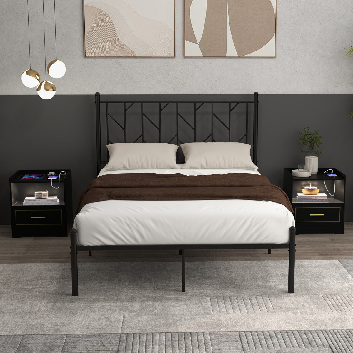 Mesita de Noite LED com Prateleira e Gaveta – 45 x 40 x 50 cm – Preto – Placa Engrossada