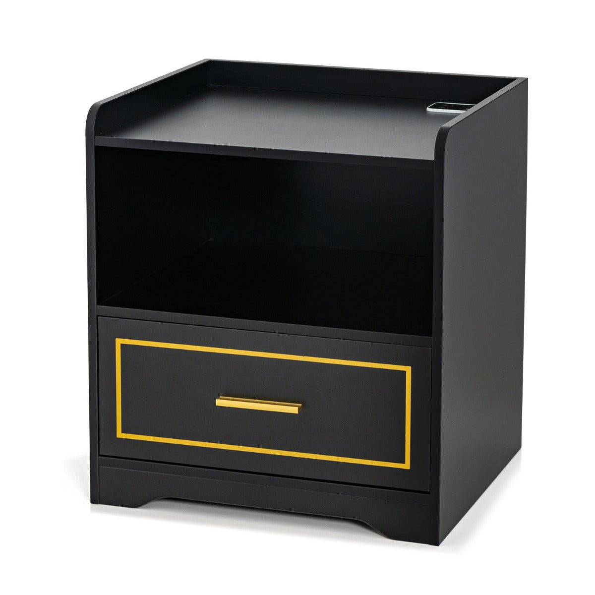 Mesita de Noite LED com Prateleira e Gaveta – 45 x 40 x 50 cm – Preto – Placa Engrossada