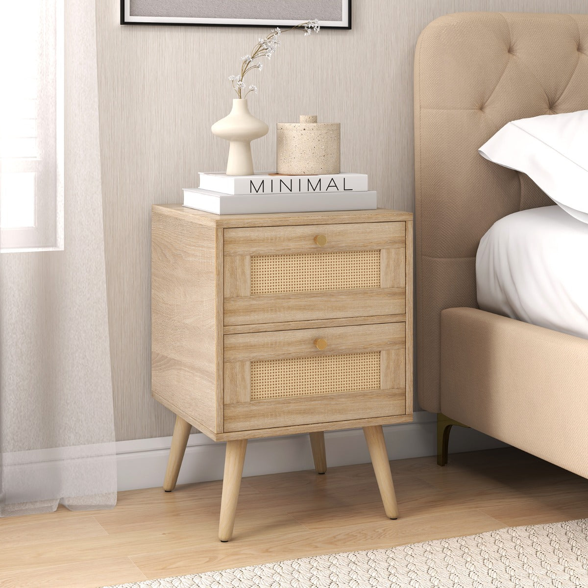 Conjunto de 2 Mesinhas de Cabeceira em Vime com Toque Bohemio e 2 Gavetas - Natural 40 x 40 x 59 cm