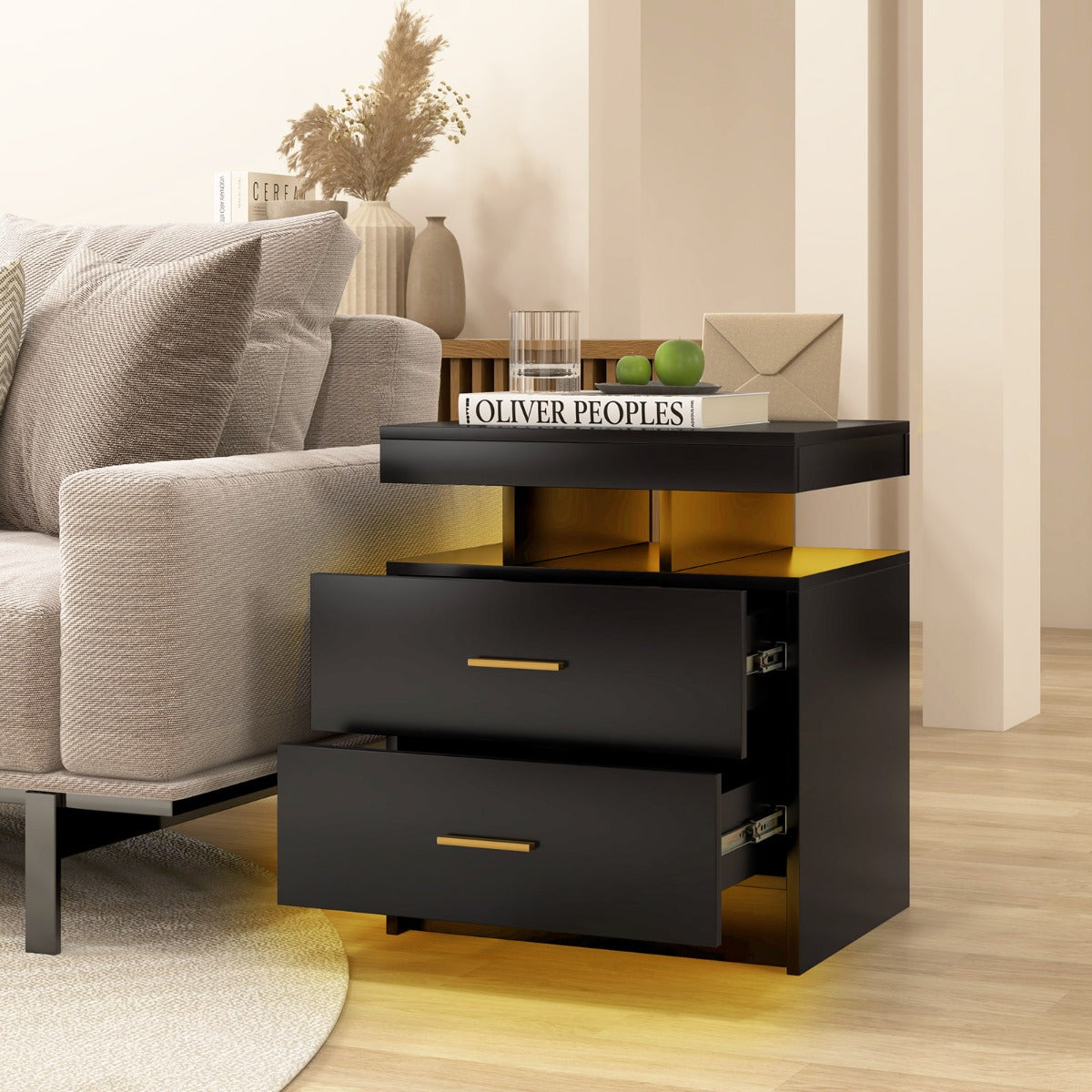 Mesinha de Cabeceira LED com 2 Gavetas Mesa Auxiliar Moderna com Modo de Luz Ajustável e Comando Remoto 50 x 40 x 58 cm - Preto