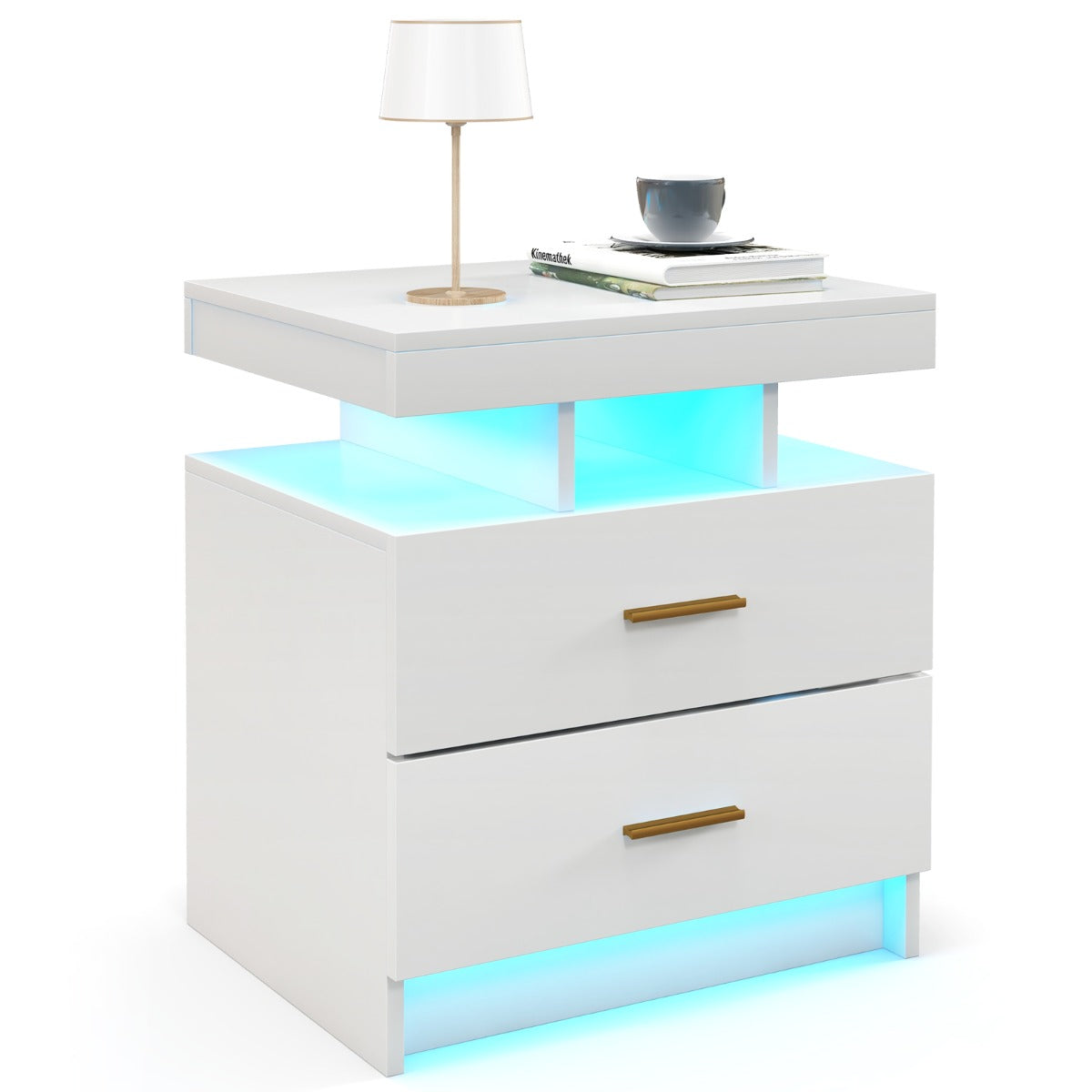 Mesinha de Cabeceira LED com 2 Gavetas Mesa Auxiliar Moderna com Modo de Luz Ajustável e Comando Remoto 50 x 40 x 58 cm - Branco