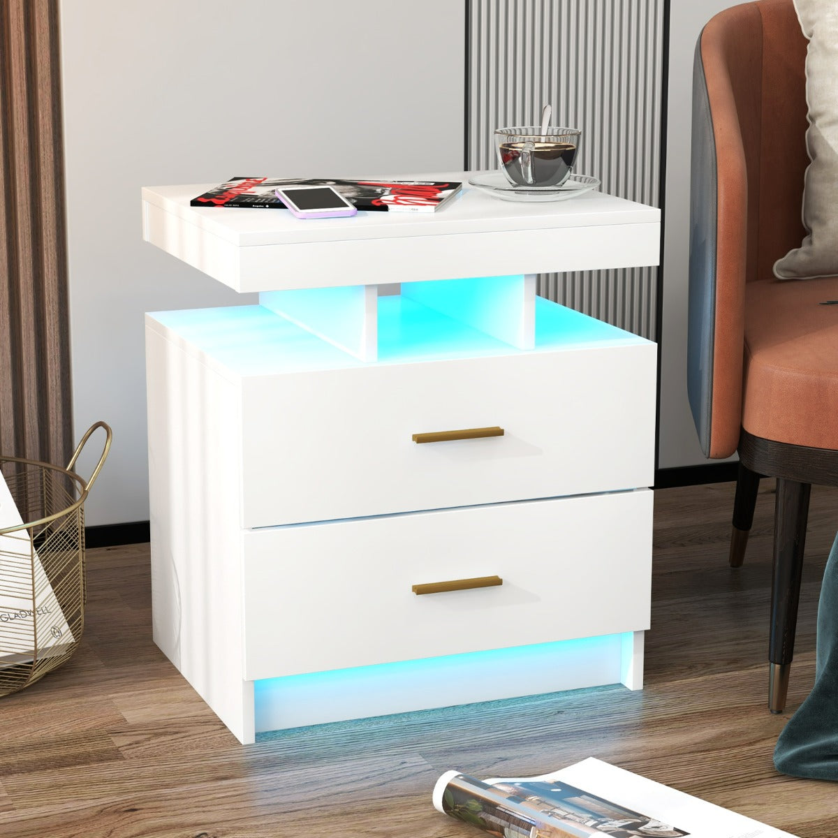 Mesinha de Cabeceira LED com 2 Gavetas Mesa Auxiliar Moderna com Modo de Luz Ajustável e Comando Remoto 50 x 40 x 58 cm - Branco
