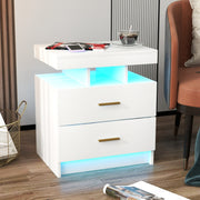 Mesinha de Cabeceira LED com 2 Gavetas Mesa Auxiliar Moderna com Modo de Luz Ajustável e Comando Remoto 50 x 40 x 58 cm - Branco