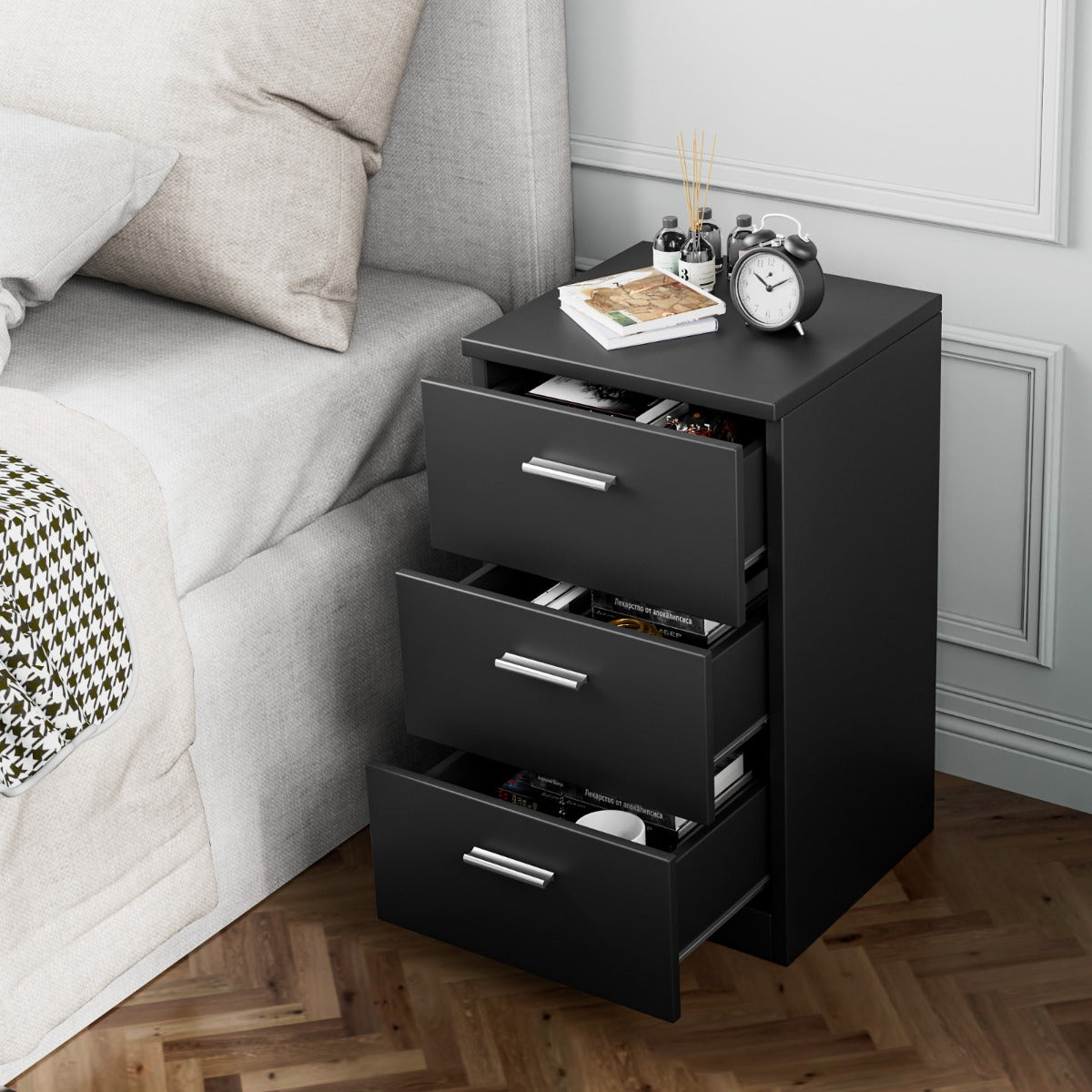 Mesinha de Cabeceira em Madeira Maciça com 3 Gavetas de Arrumação Estilo Simples e Elegante Para Sala Quarto 38 x 35 x 66 cm Preto