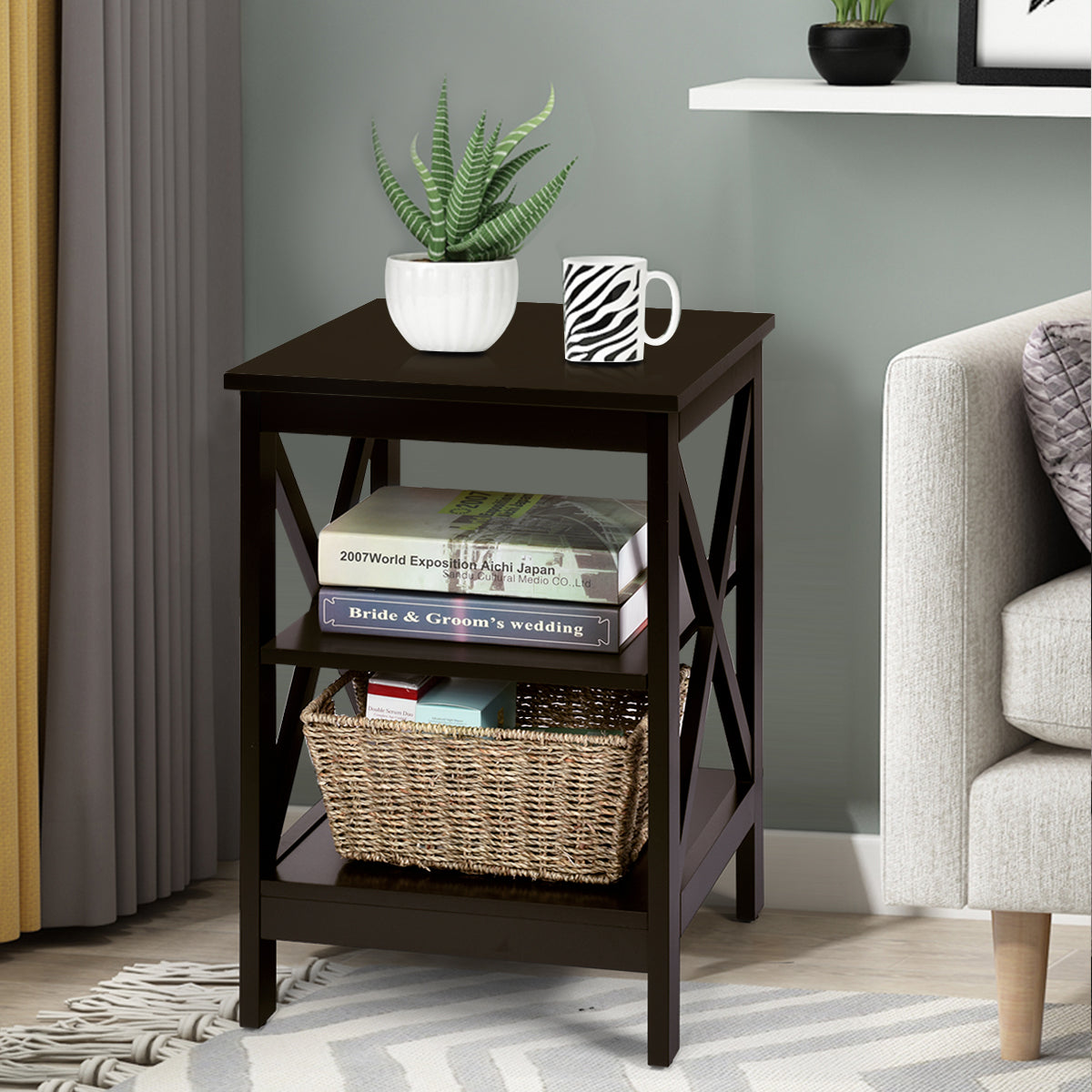 Par de Mesinhas de Cabeceira com 3 Níveis em Design em X e Estrutura Estável para Quarto Sala Corredor 40 x 40 x 61 cm Castanho