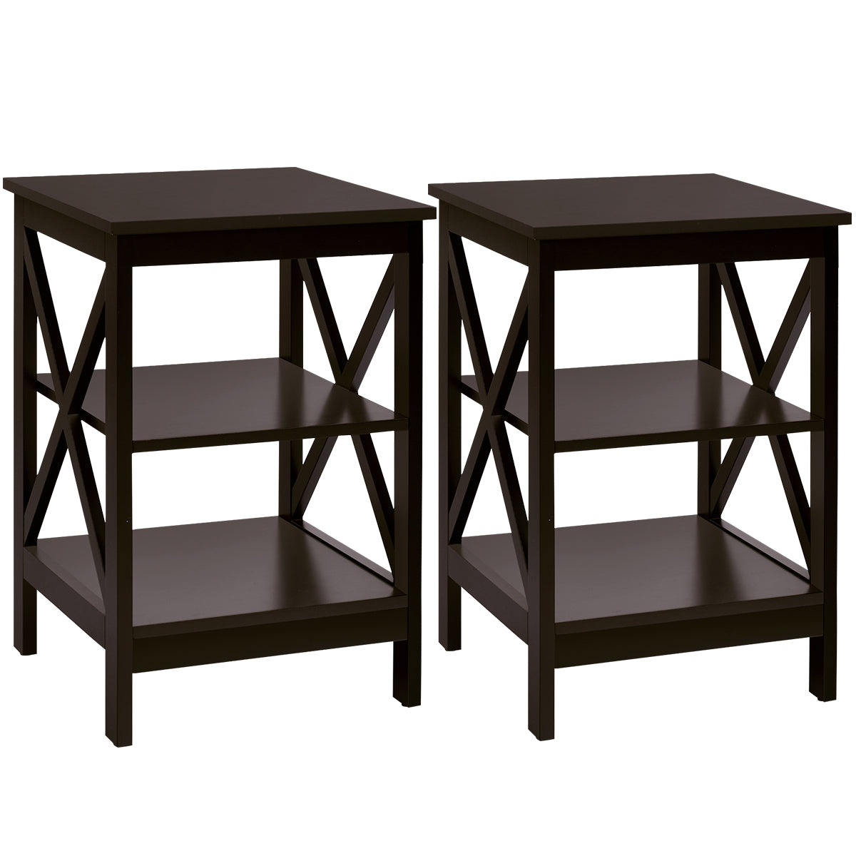 Par de Mesinhas de Cabeceira com 3 Níveis em Design em X e Estrutura Estável para Quarto Sala Corredor 40 x 40 x 61 cm Castanho
