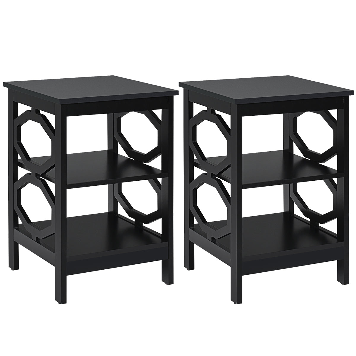 Conjunto de 2 Mesas de Cabeceira de 3 Níveis em Forma de Ómega, Mesa Auxiliar de Decoração para Sofá, Quarto, Sala e Corredor 40 x 40 x 61 cm Preto