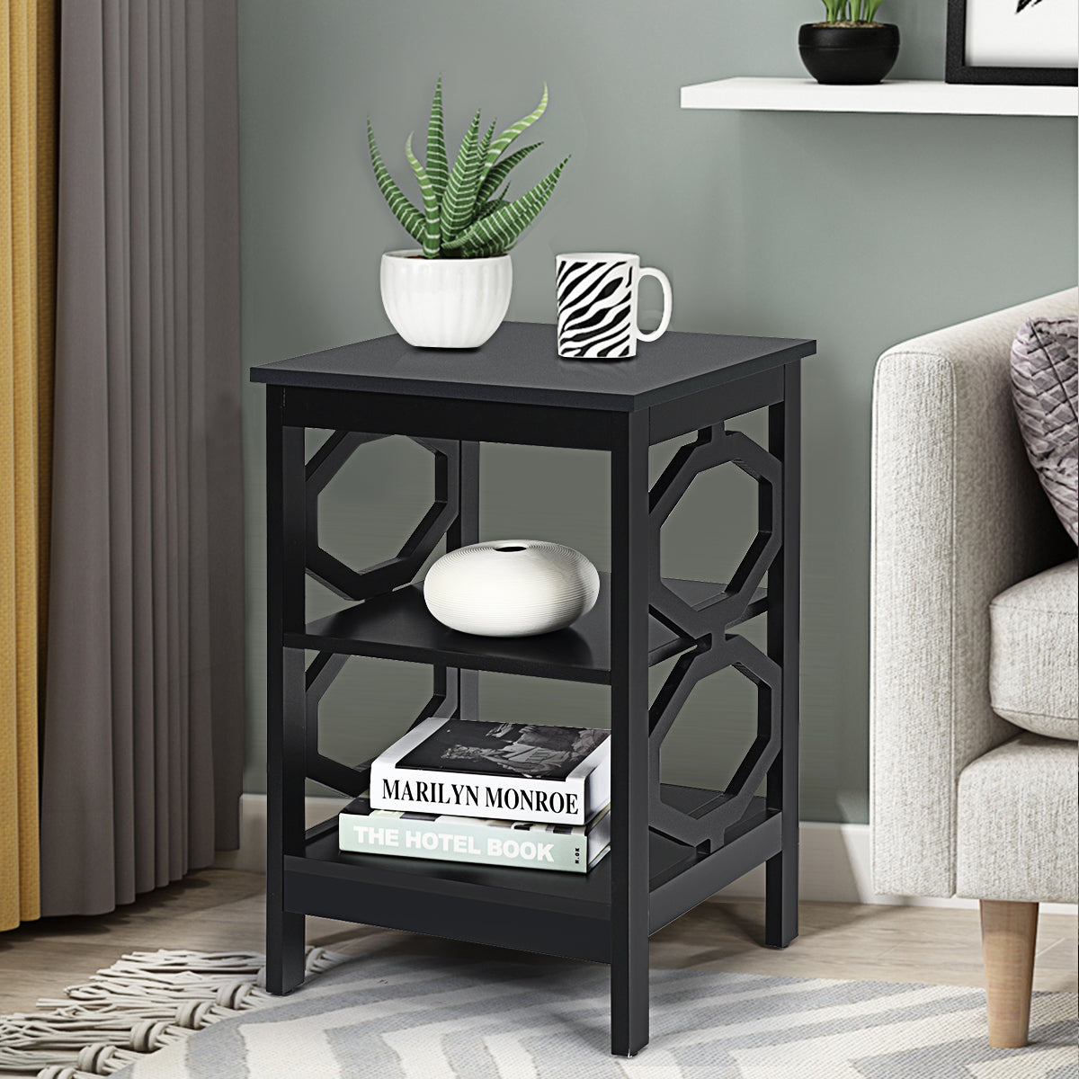 Conjunto de 2 Mesas de Cabeceira de 3 Níveis em Forma de Ómega, Mesa Auxiliar de Decoração para Sofá, Quarto, Sala e Corredor 40 x 40 x 61 cm Preto