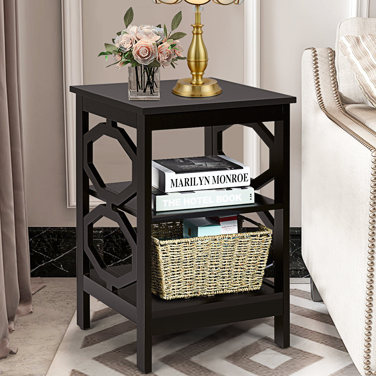 Mesinha de Cabeceira 3 Níveis Mesa Auxiliar Decoração em Forma de Ómega Mesinha para Sofá Quarto Sala Corredor 40 x 40 x 61 cm Café