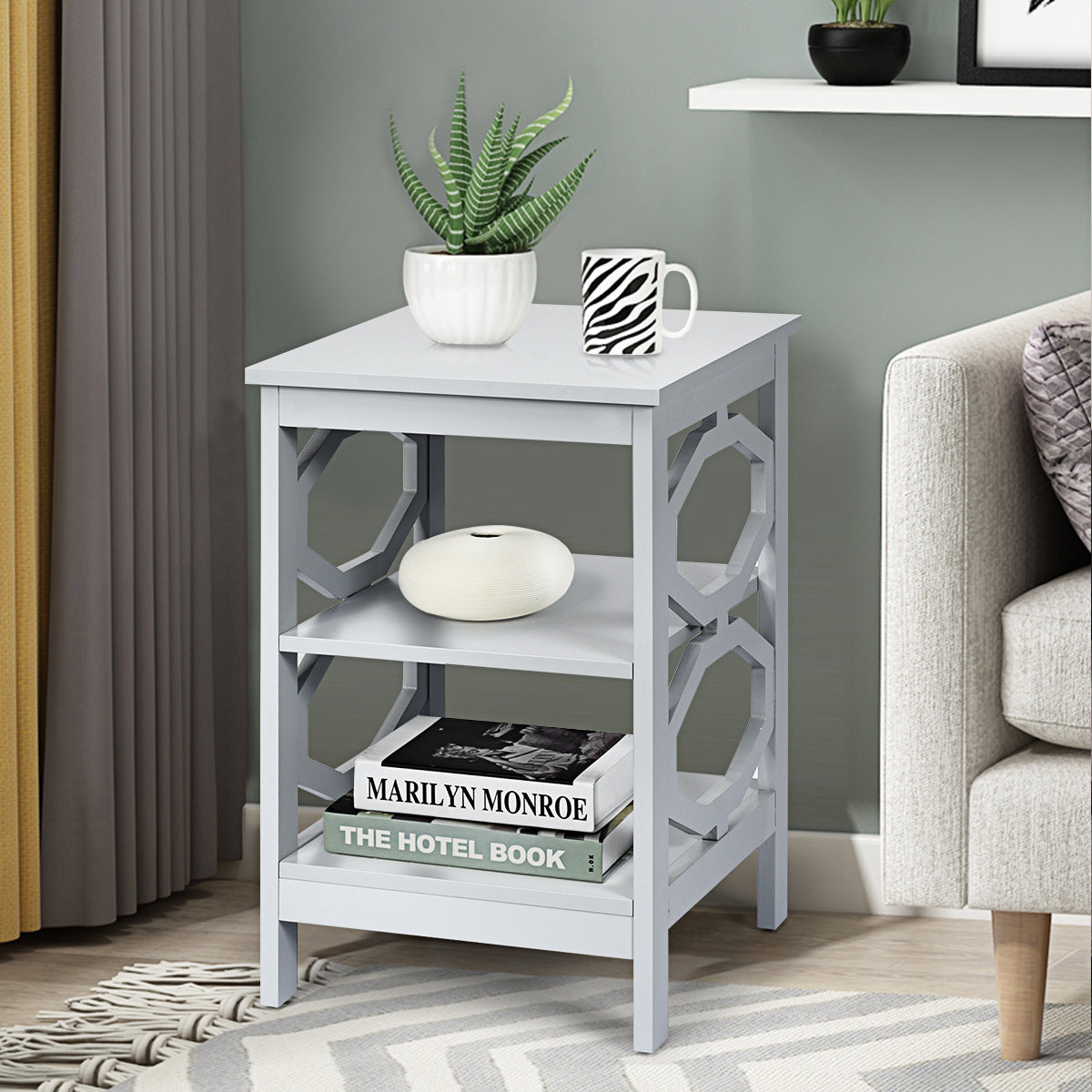 Conjunto de 2 Mesinhas de Cabeceira 3 Níveis Mesa Auxiliar Decoração em Forma de Omega Mesinha para Sofá Quarto Sala Corredor 40 x 40 x 61 cm Cinza
