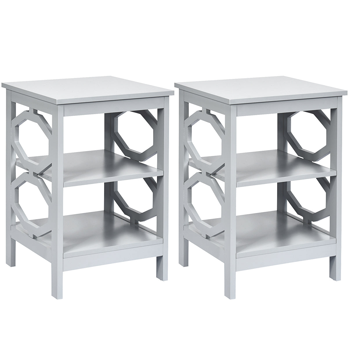 Conjunto de 2 Mesinhas de Cabeceira 3 Níveis Mesa Auxiliar Decoração em Forma de Omega Mesinha para Sofá Quarto Sala Corredor 40 x 40 x 61 cm Cinza