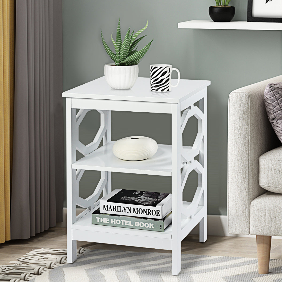 Conjunto de 2 Mesinhas de Cabeceira de 3 Níveis em Forma de Ómega Brancas para Sala de Estar Quarto Corredor 40 x 40 x 61 cm