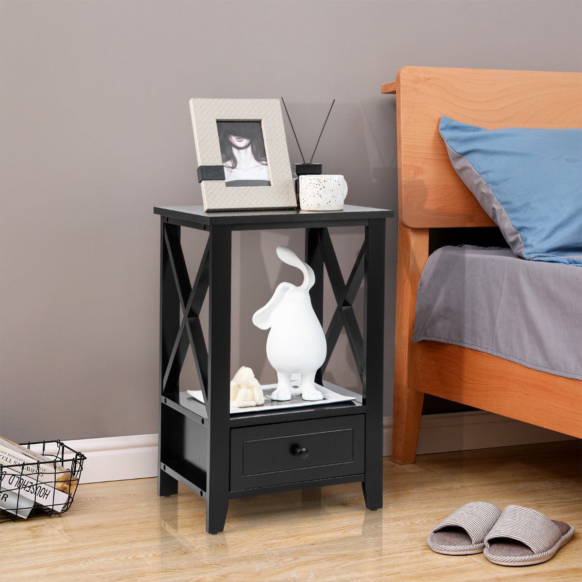 Mesinha de Cabeceira com Prateleira Aberta e Gaveta Inferior Mesa Auxiliar Multifuncional para Sala Quarto 40 x 30 x 61,5 cm Preto