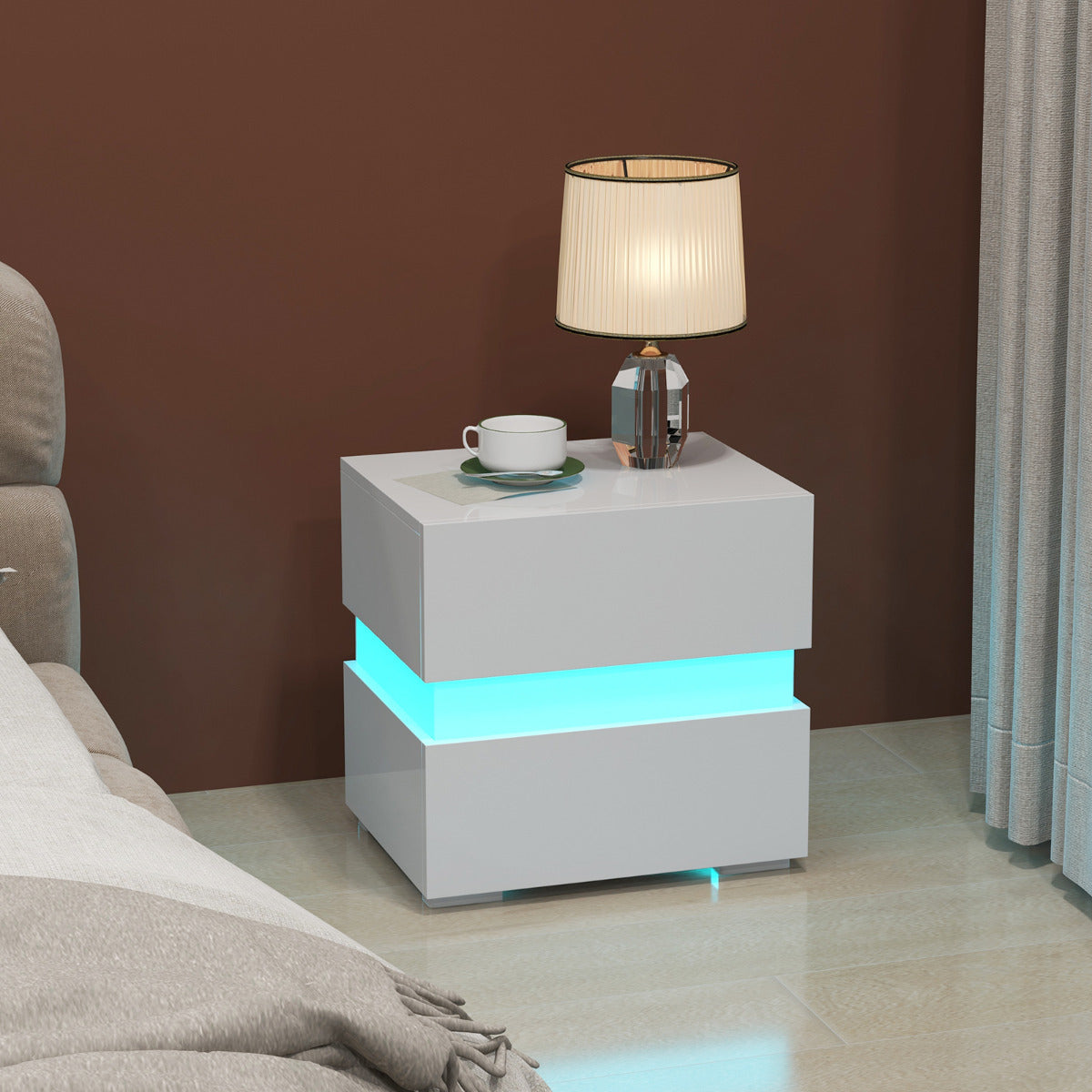Mesinha de Cabeceira LED com Gavetas Controlo Remoto 22 Modos Dinâmicos Mesa Auxiliar Moderna para Sala Quarto 45 x 35 x 45 cm Branco