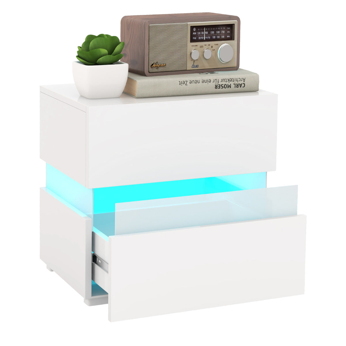 Mesinha de Cabeceira LED com Gavetas Controlo Remoto 22 Modos Dinâmicos Mesa Auxiliar Moderna para Sala Quarto 45 x 35 x 45 cm Branco