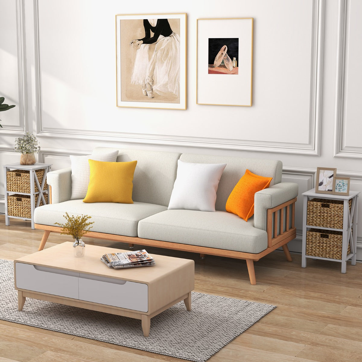 Conjunto de 2 Mesas de Cabeceira de 3 Níveis com 2 Cestos de Junco Marinho Design em X Pernas de Madeira de Acácia para Sala de Estar Branco