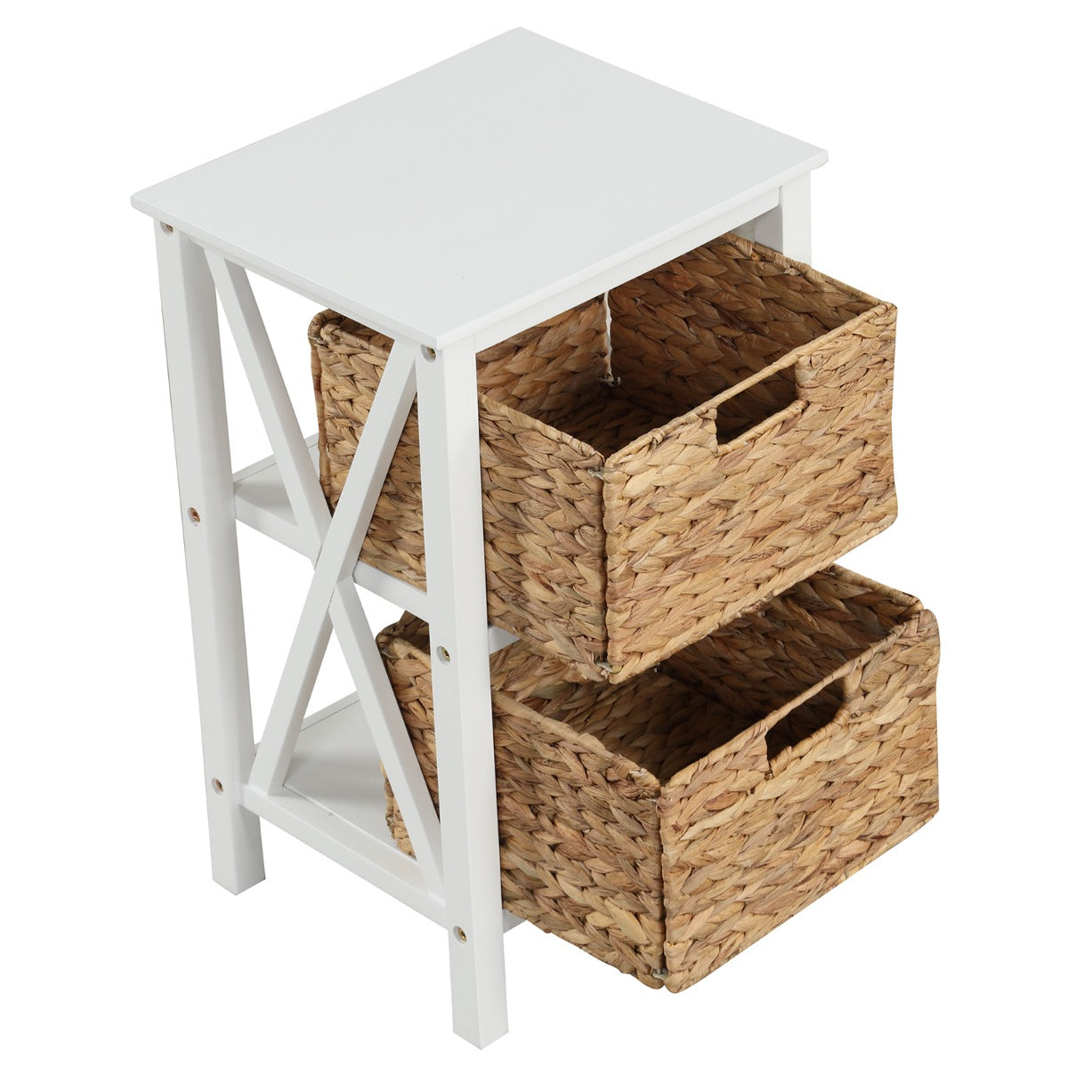 Mesinha de Cabeceira de 3 Níveis com 2 Cestas de Junco Marinho Design em X Pés de Madeira de Acácia para Sala de Estar Quarto Branco