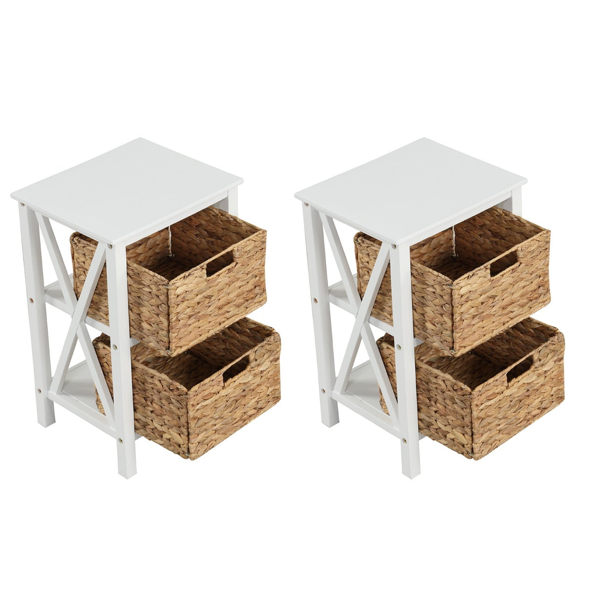 Conjunto de 2 Mesas de Cabeceira de 3 Níveis com 2 Cestos de Junco Marinho Design em X Pernas de Madeira de Acácia para Sala de Estar Branco